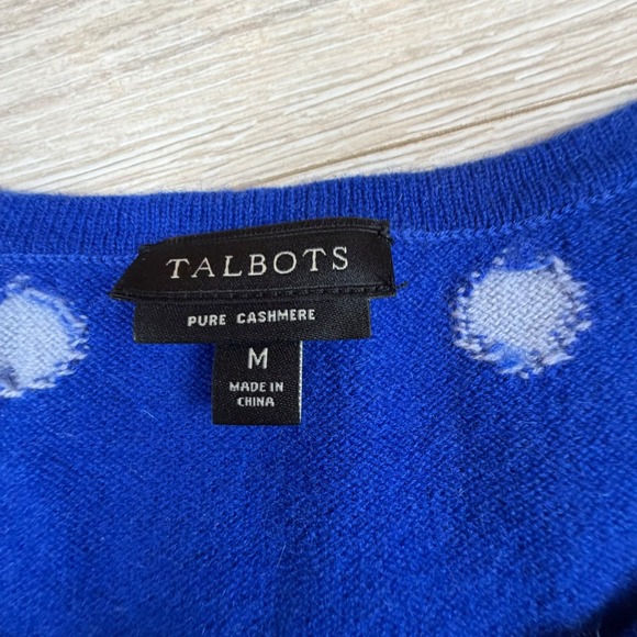 Talbots Pure Cashmere Polka Dot Sweater Blue Crew Neck Long Sleeve Womens Medium - Picture 2 of 5